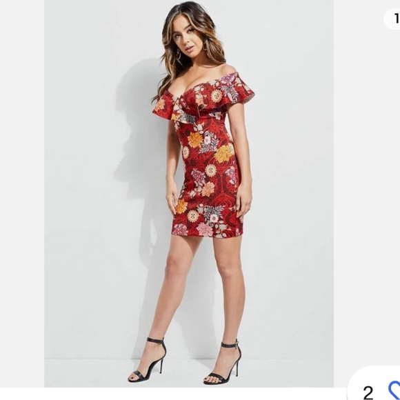 GUESS Red Elysian Floral Shaye OFF THE SHOULDER ruffle fitted SCUBA mini dress L - Picture 16 of 16